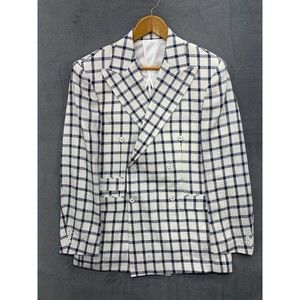 Cigar Couture Men s 2XL Blue White Linen Plaid Double Breasted Sport Coat Jacket